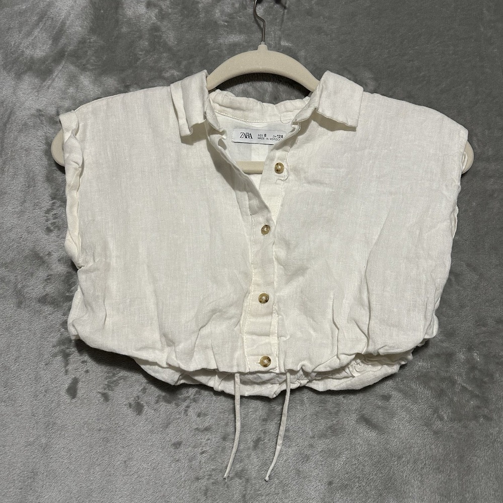 Zara Womens Cropped Button Front Linen Top Size 8 Cream Cottagecore Peasant Boho